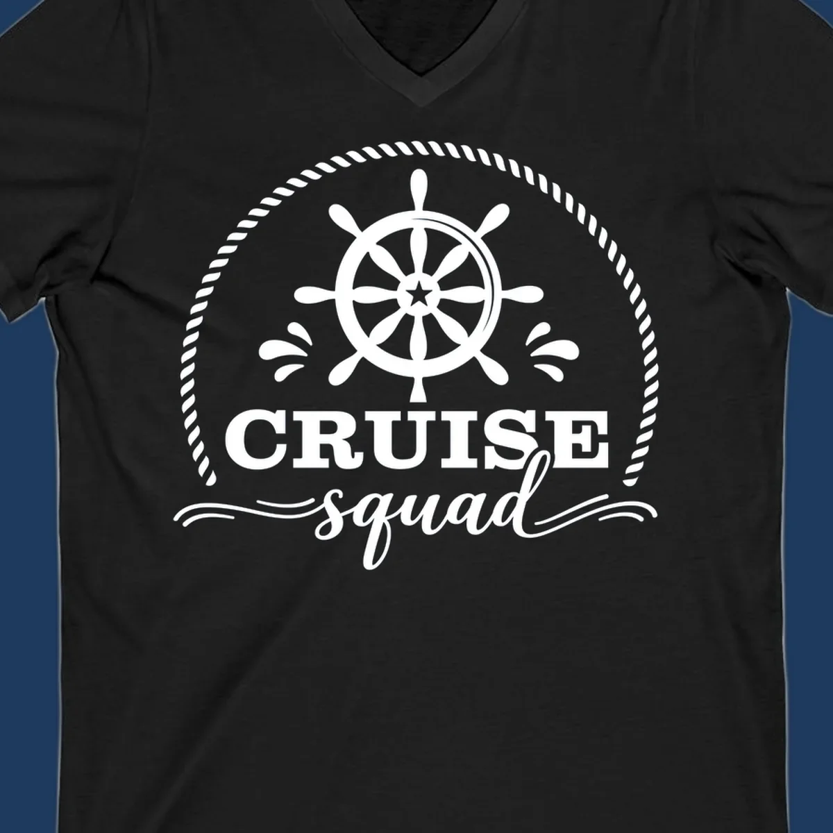 Cruise squad nautical badge with ship's wheel, rope border, and water splashes on gray background