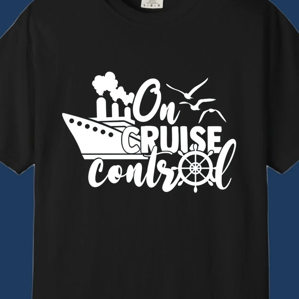White nautical design with cruise ship, ship's wheel, seagulls, and 'On Cruise Control' text on gray background