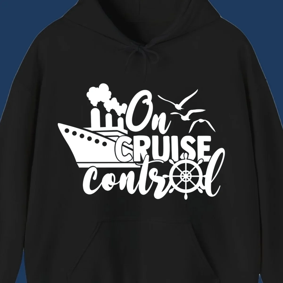 White nautical design with cruise ship, ship's wheel, seagulls, and 'On Cruise Control' text on gray background