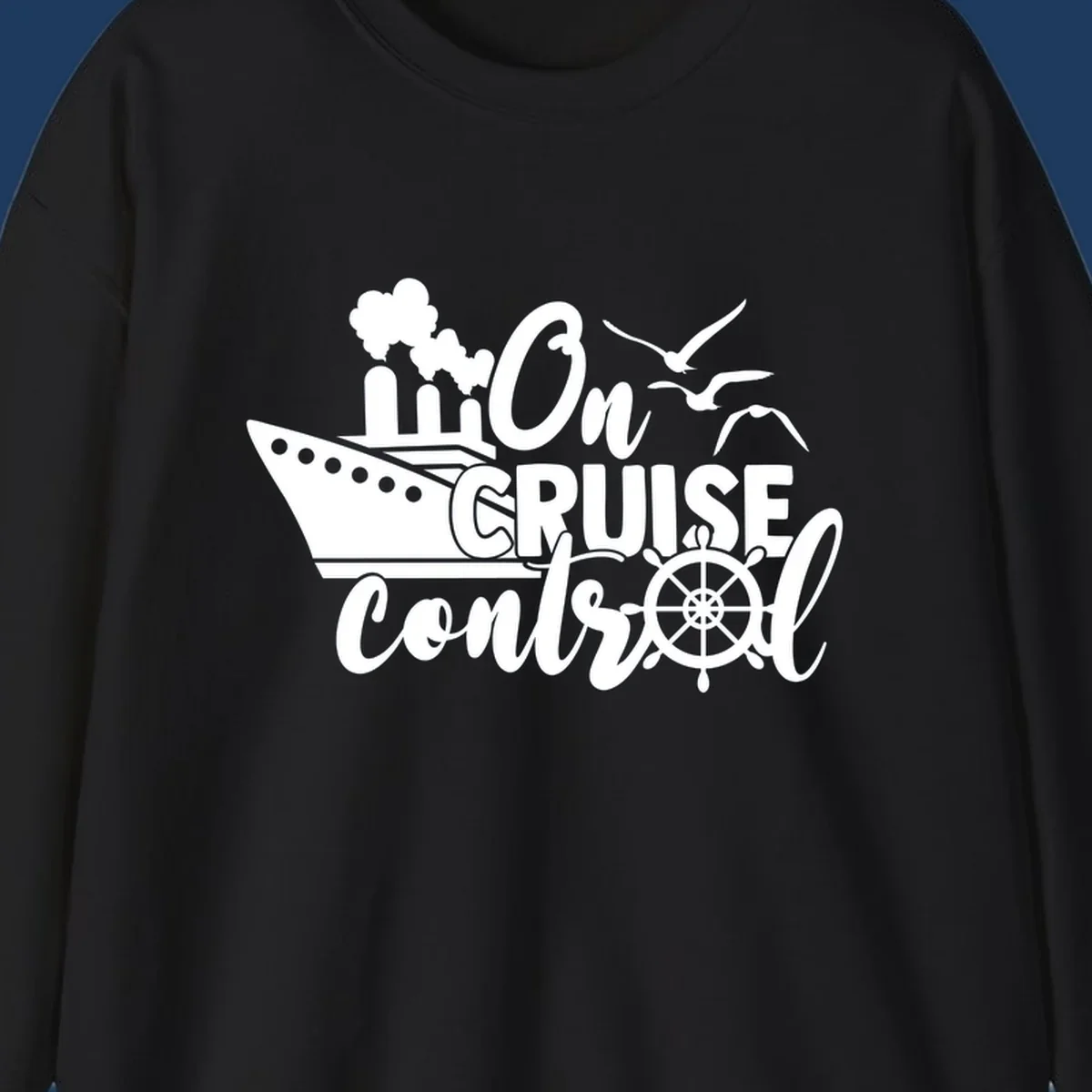 White nautical design with cruise ship, ship's wheel, seagulls, and 'On Cruise Control' text on gray background