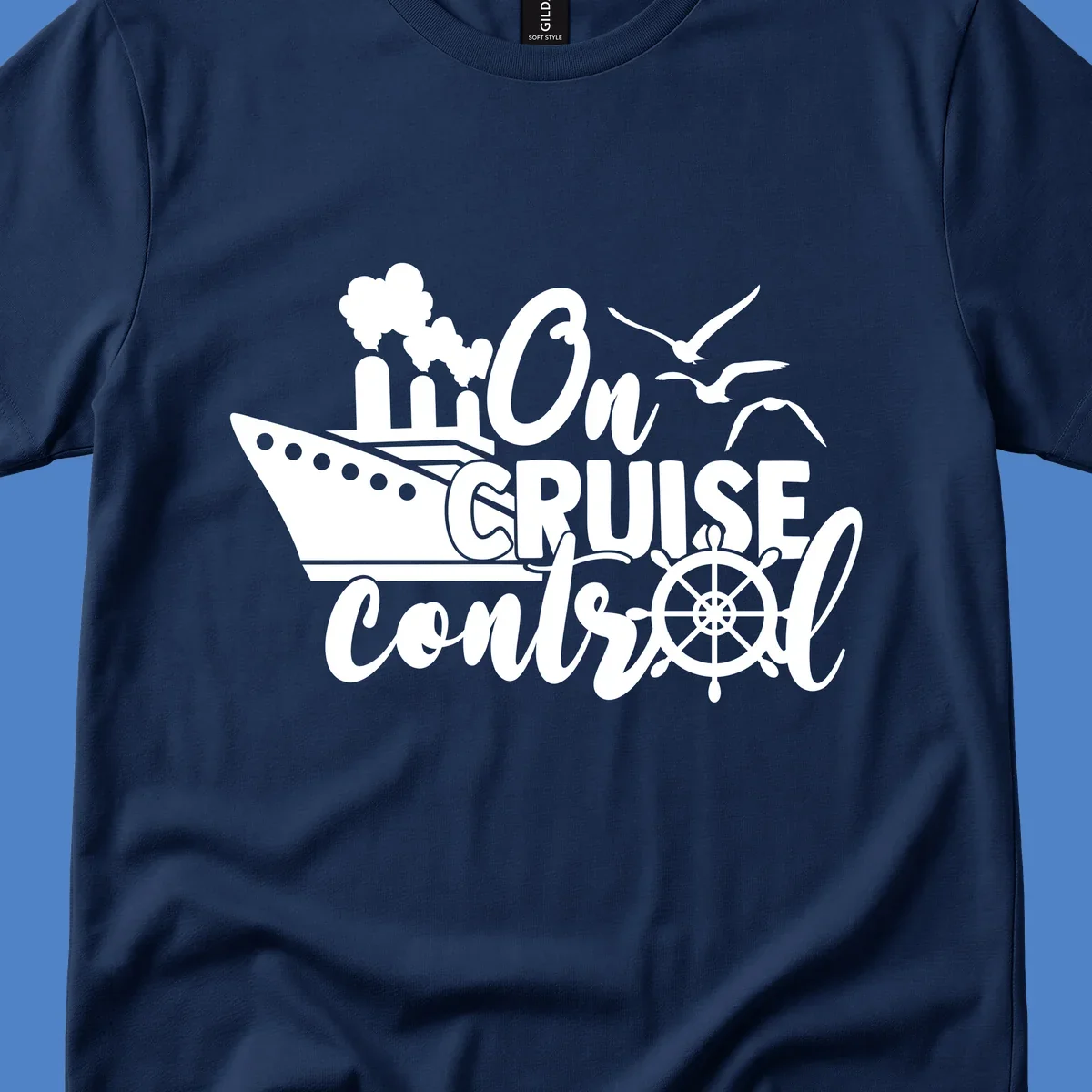 White nautical design with cruise ship, ship's wheel, seagulls, and 'On Cruise Control' text on gray background