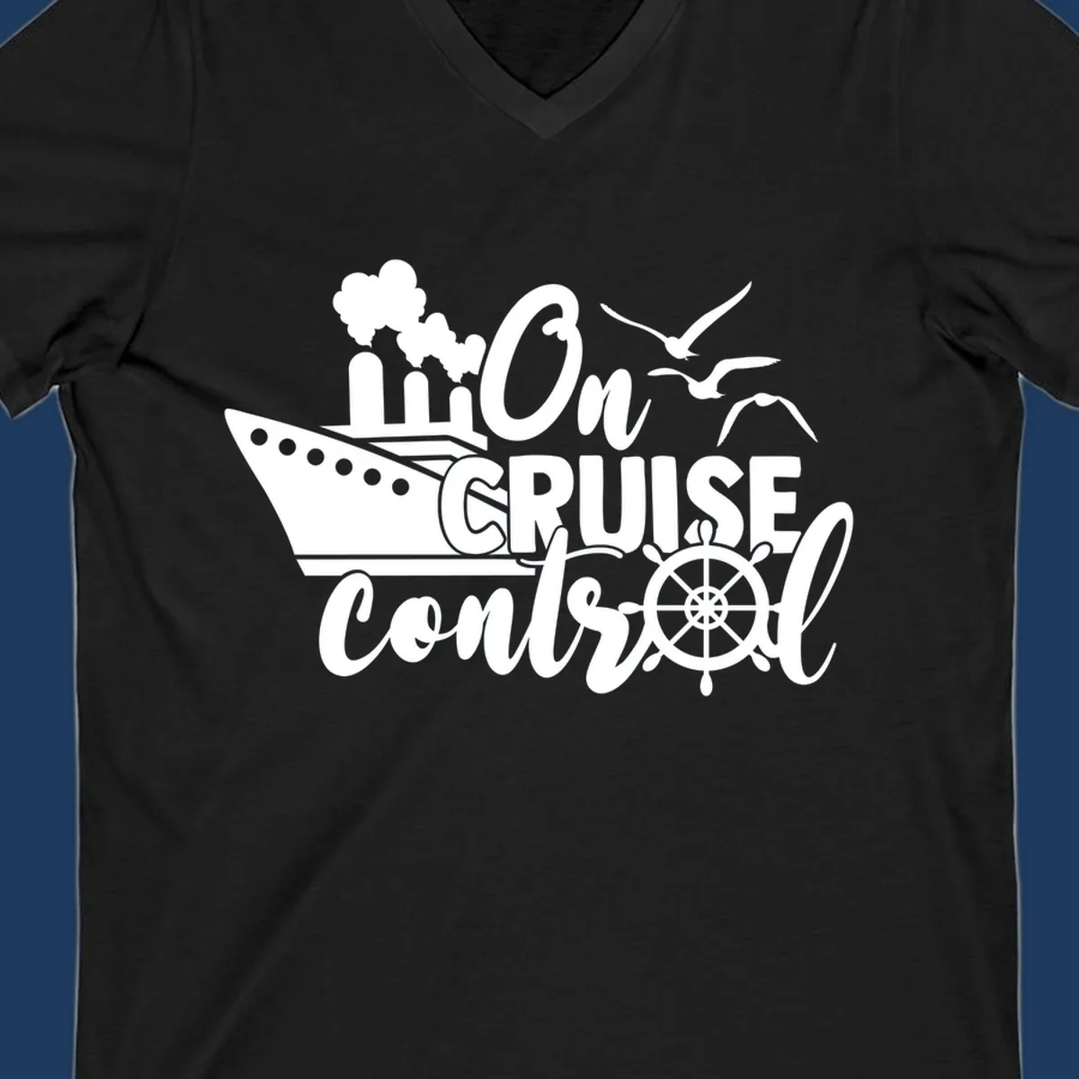 White nautical design with cruise ship, ship's wheel, seagulls, and 'On Cruise Control' text on gray background