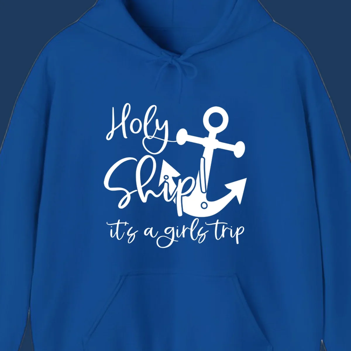 White nautical design with anchor and ship's wheel featuring 'Holy Ship it's a girls trip' text on gray background