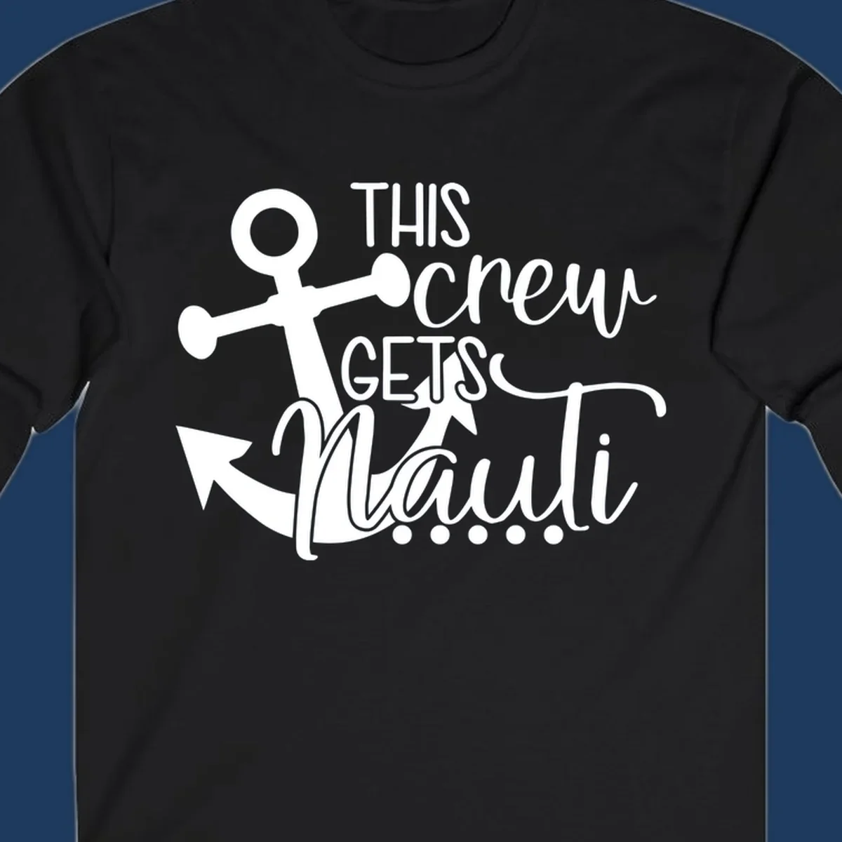 White anchor graphic with 'This Crew Gets Maui' text in casual nautical typography on gray background