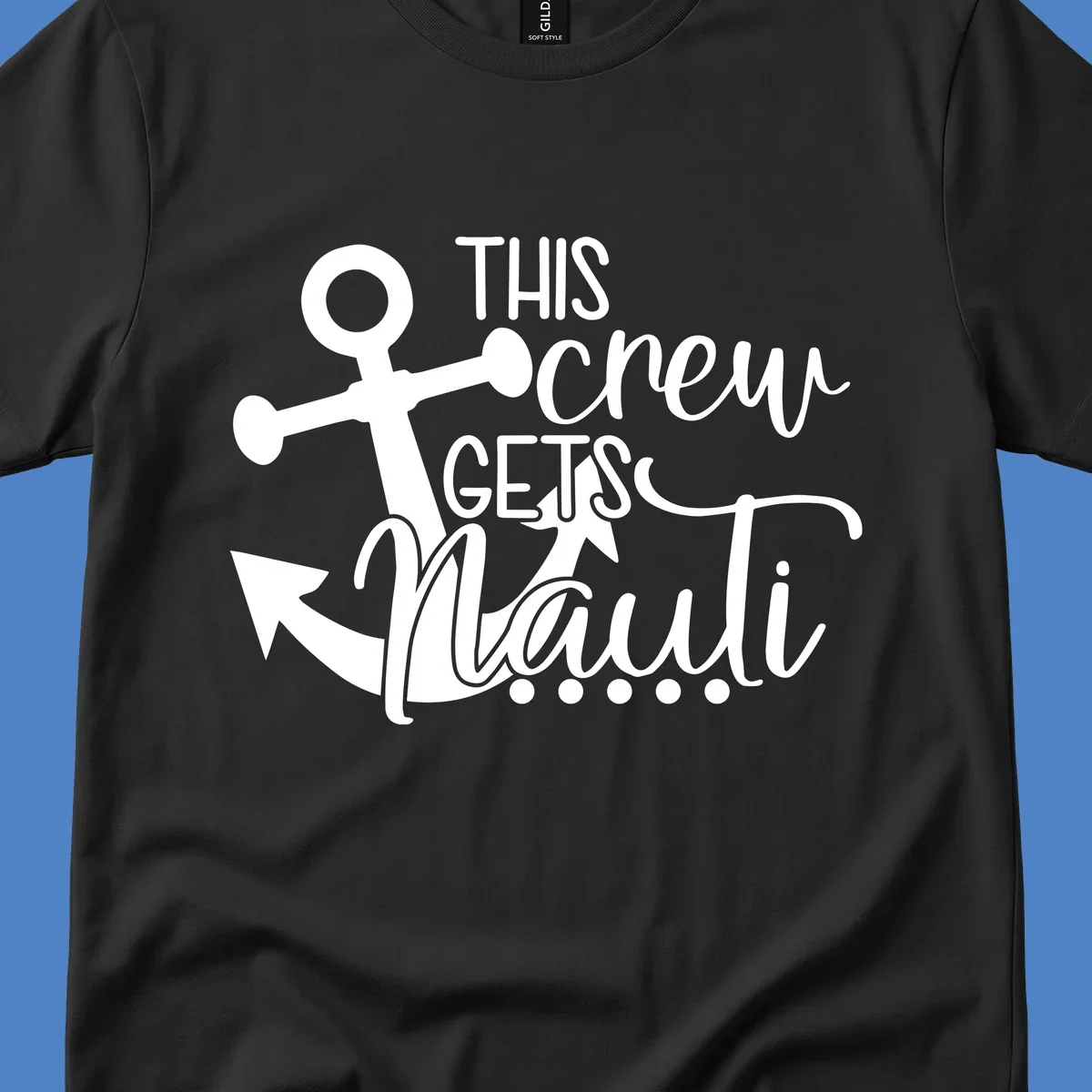 White anchor graphic with 'This Crew Gets Maui' text in casual nautical typography on gray background