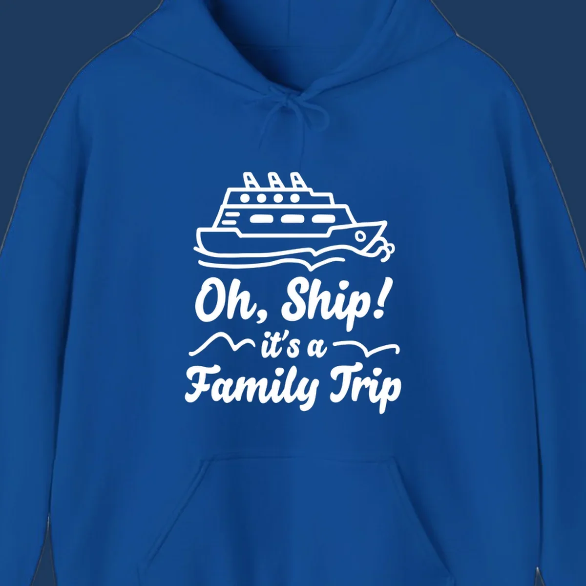 Cruise ship illustration above text reading 'Oh, Ship! it's a Family Trip' with ocean waves for a funny family cruise design