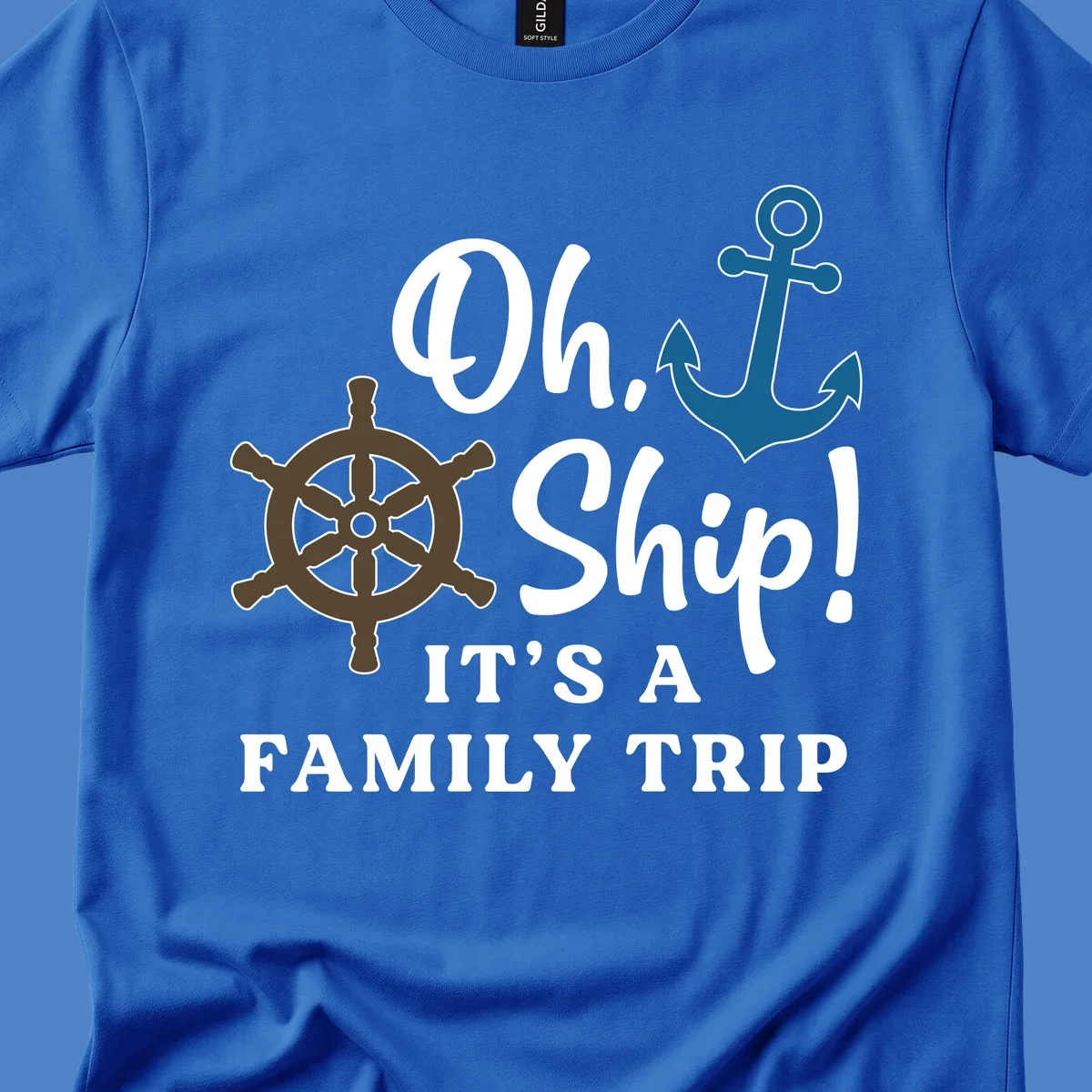 Oh Ship Family Trip design with ship wheel and anchor nautical symbols and humorous cruise vacation text