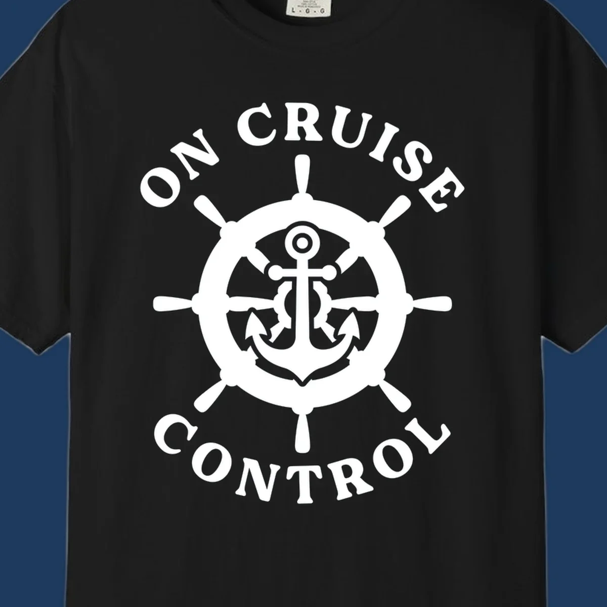 White anchor and ship's wheel badge with 'On Cruise Control' text on gray background