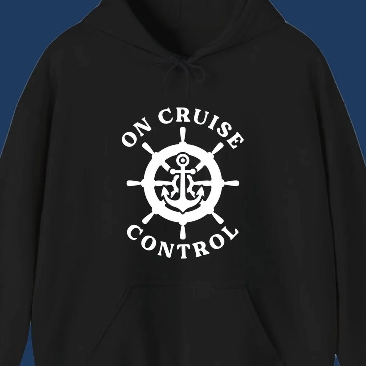 White anchor and ship's wheel badge with 'On Cruise Control' text on gray background