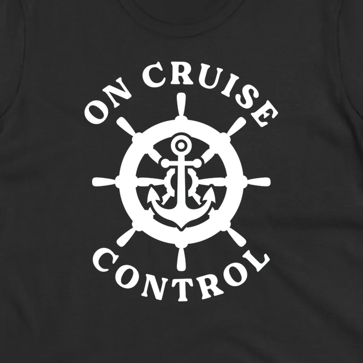 White anchor and ship's wheel badge with 'On Cruise Control' text on gray background