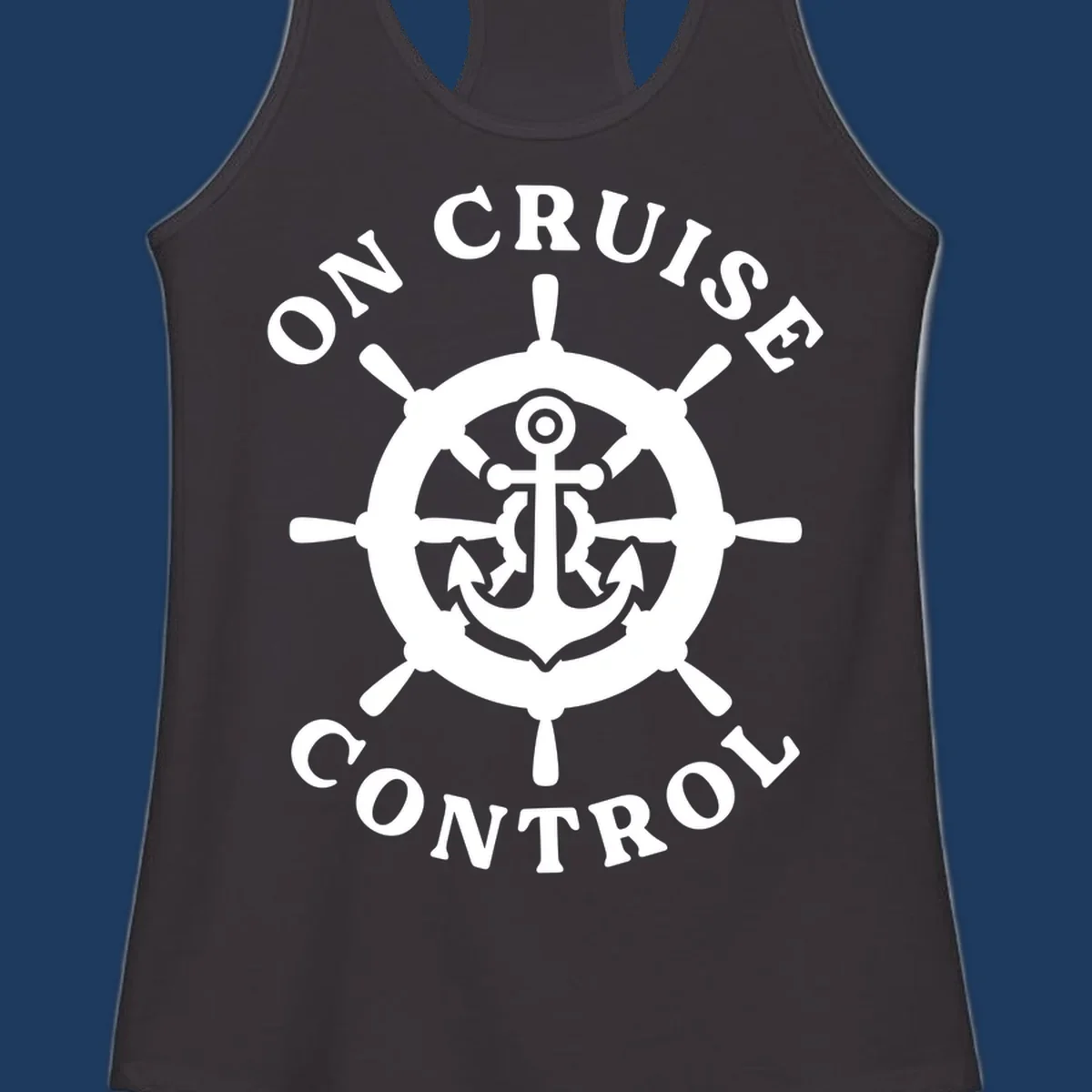 White anchor and ship's wheel badge with 'On Cruise Control' text on gray background