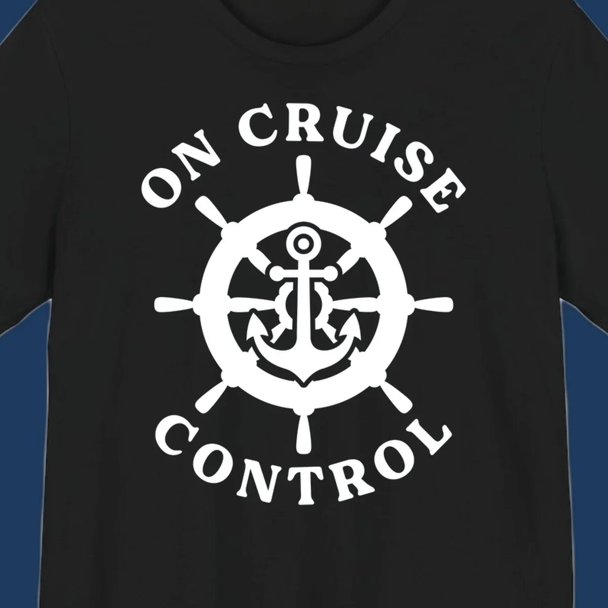 White anchor and ship's wheel badge with 'On Cruise Control' text on gray background