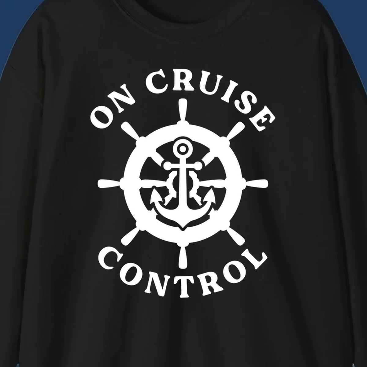 White anchor and ship's wheel badge with 'On Cruise Control' text on gray background
