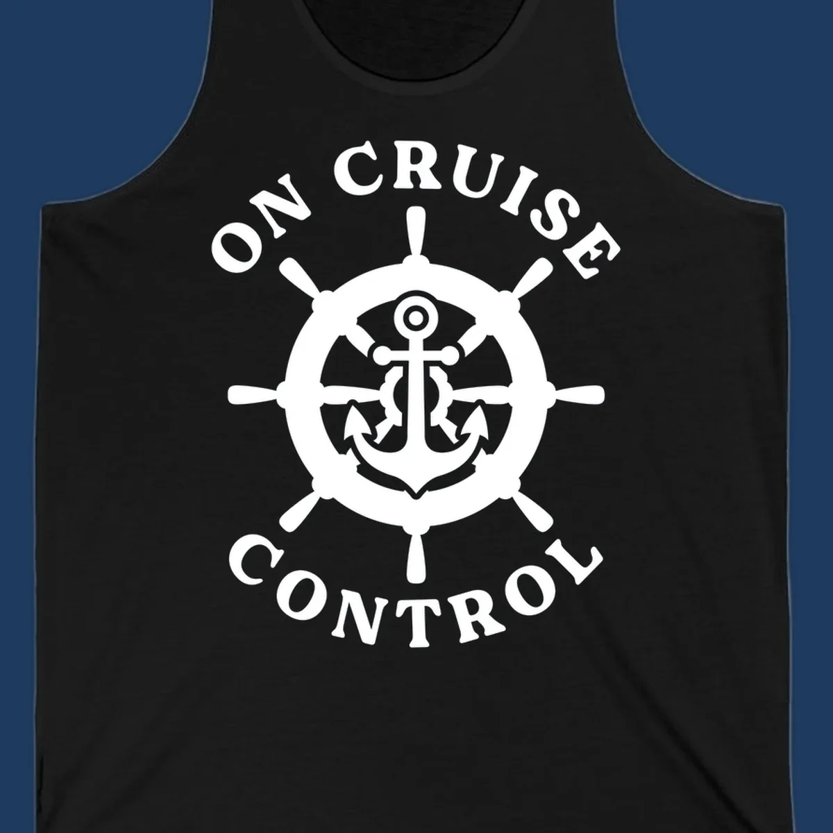 White anchor and ship's wheel badge with 'On Cruise Control' text on gray background