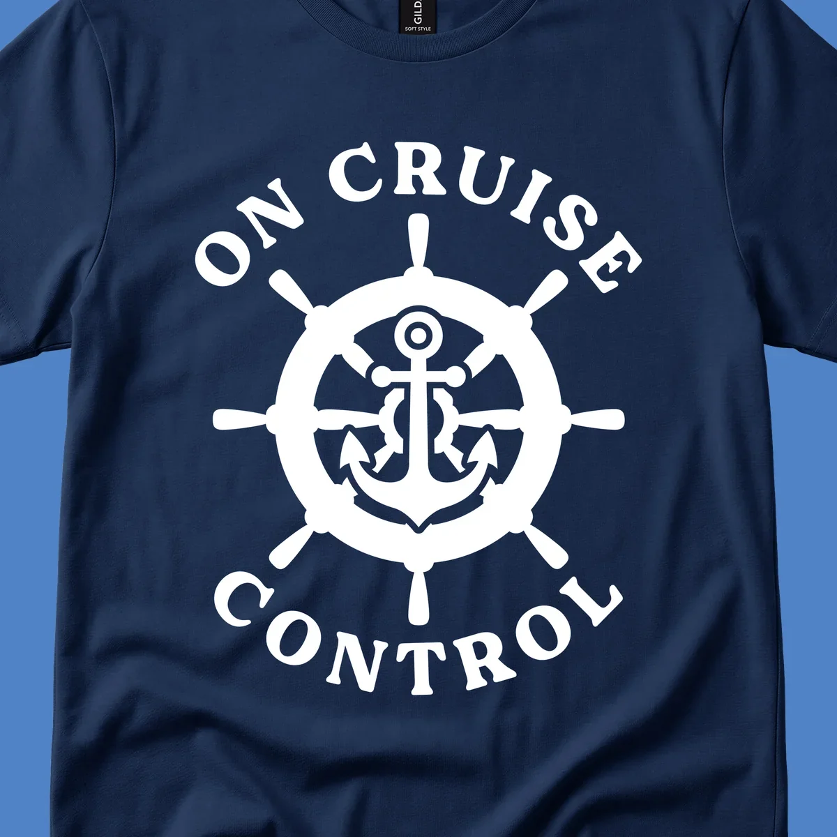 White anchor and ship's wheel badge with 'On Cruise Control' text on gray background