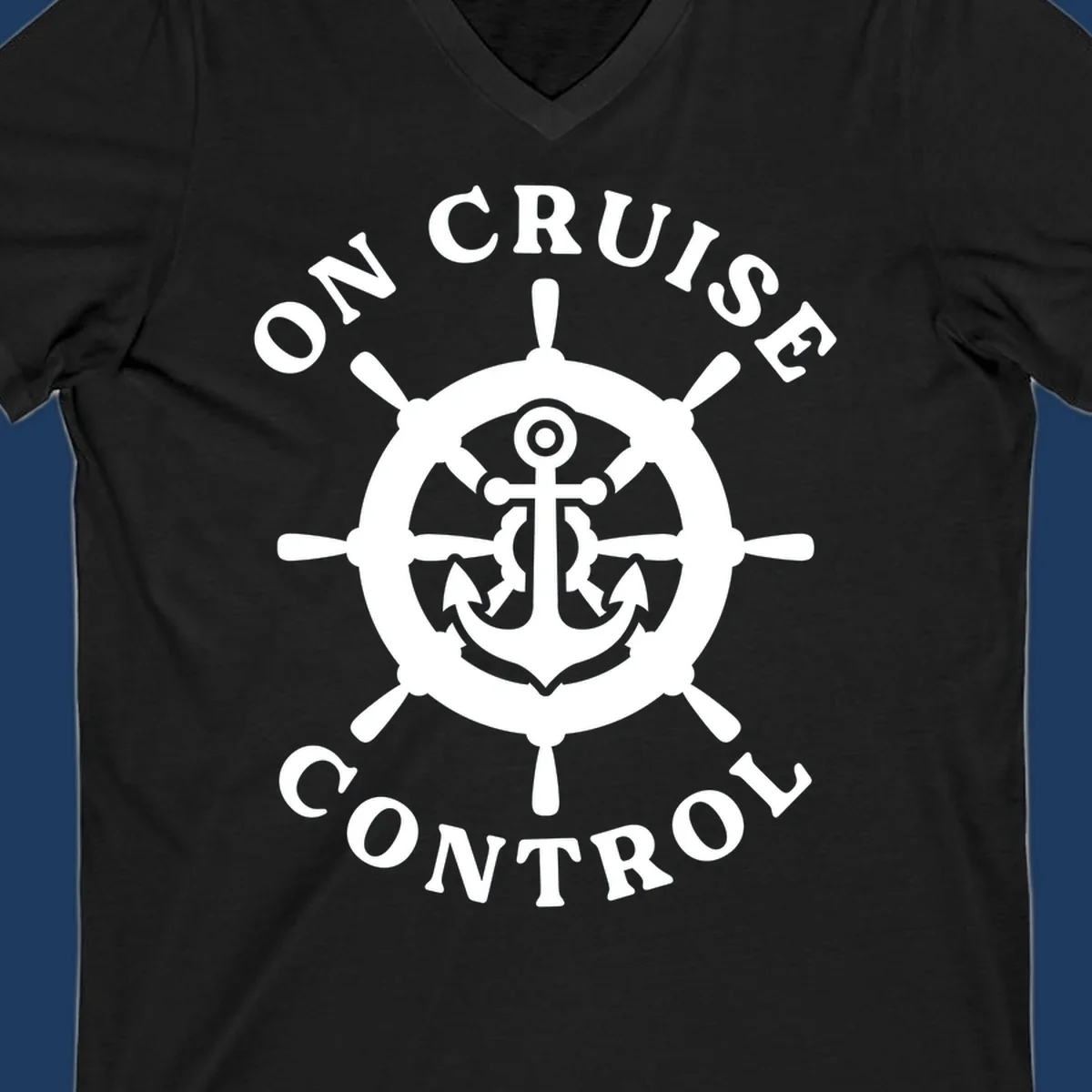 White anchor and ship's wheel badge with 'On Cruise Control' text on gray background