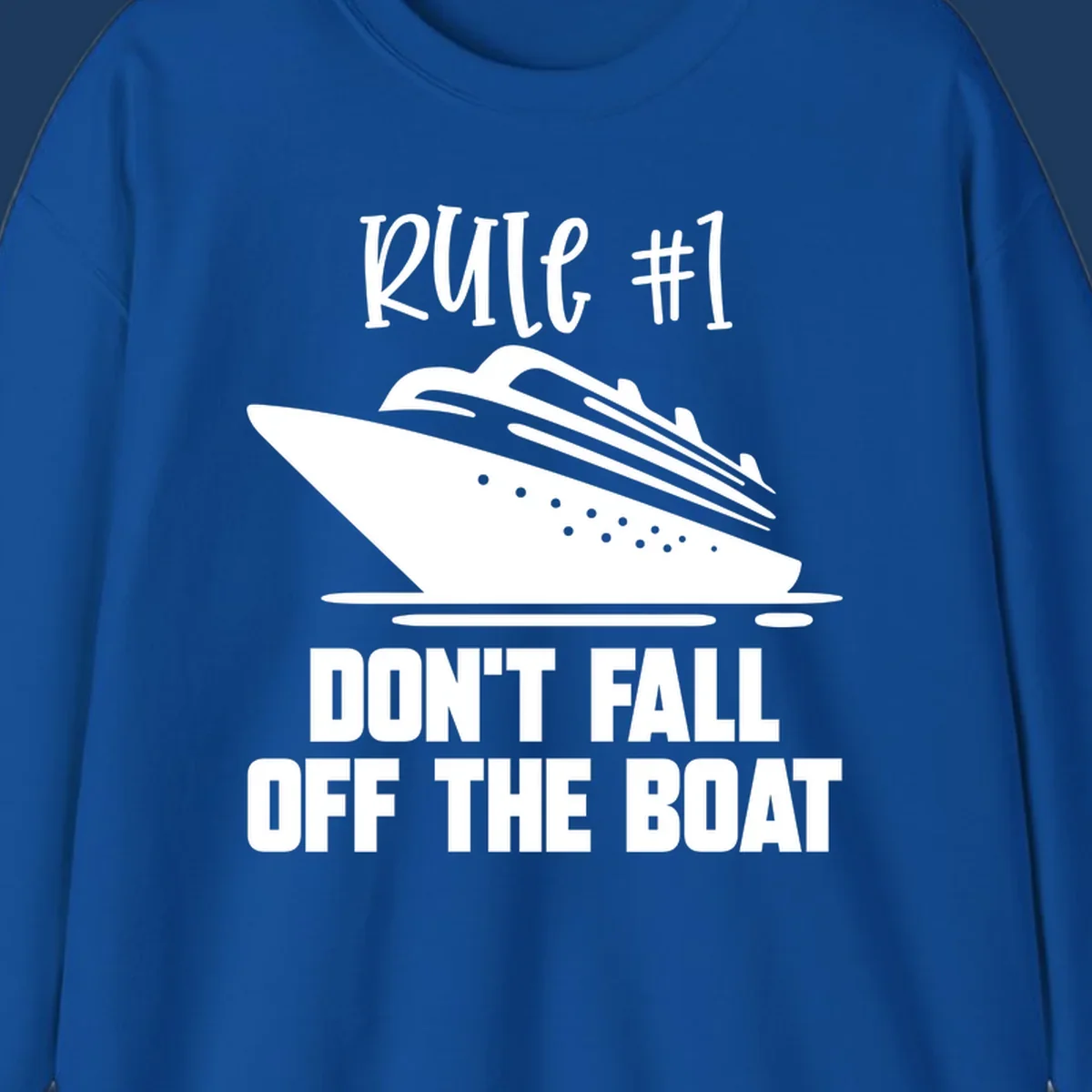 Illustration of a cruise ship with text reading 'Rule #1 Don't Fall Off The Boat' in white on gray background