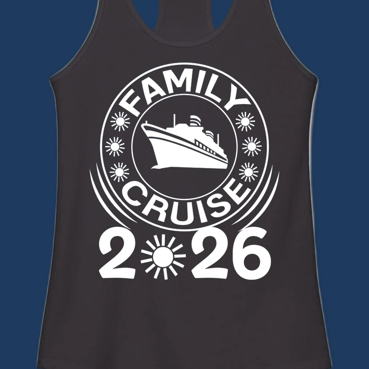 Family Cruise 2026 commemorative badge design with cruise ship and sun symbols