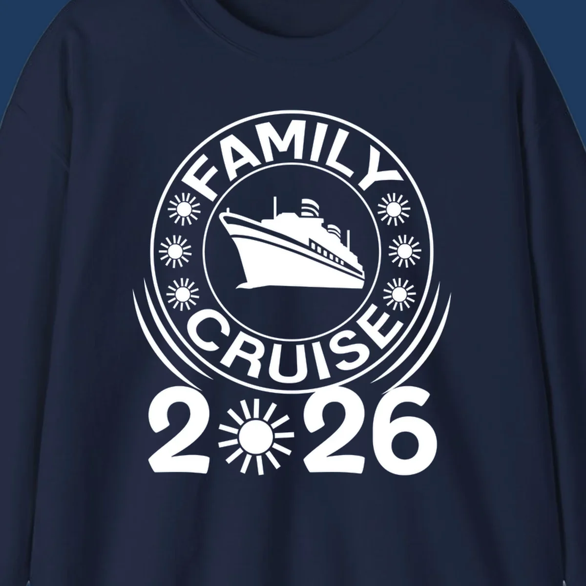 Family Cruise 2026 commemorative badge design with cruise ship and sun symbols