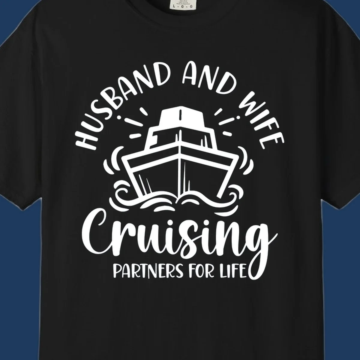 Husband and wife cruising partners for life design with cruise ship and ocean waves illustration