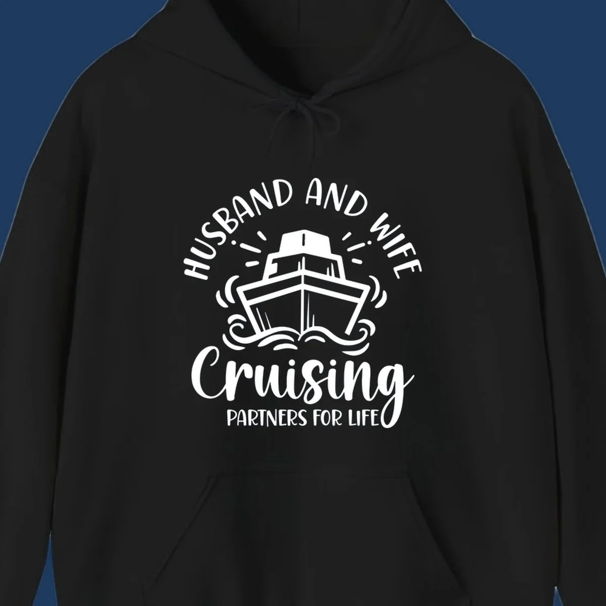 Husband and wife cruising partners for life design with cruise ship and ocean waves illustration