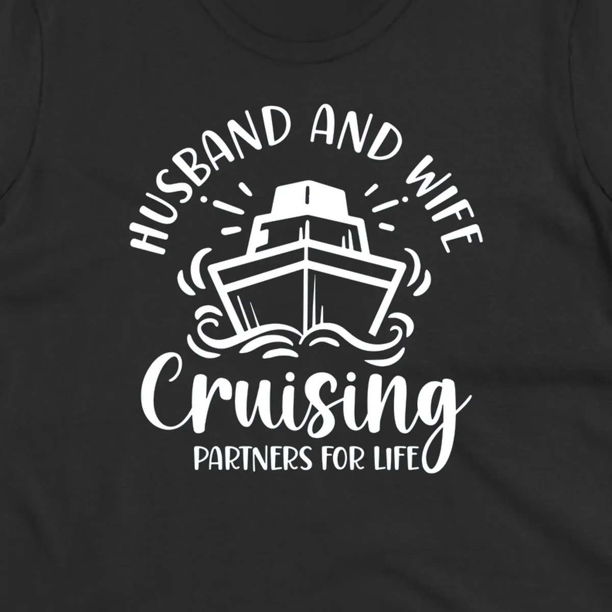 Husband and wife cruising partners for life design with cruise ship and ocean waves illustration