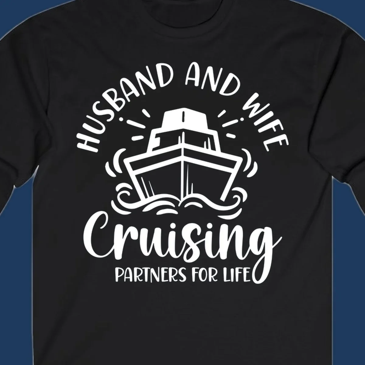 Husband and wife cruising partners for life design with cruise ship and ocean waves illustration