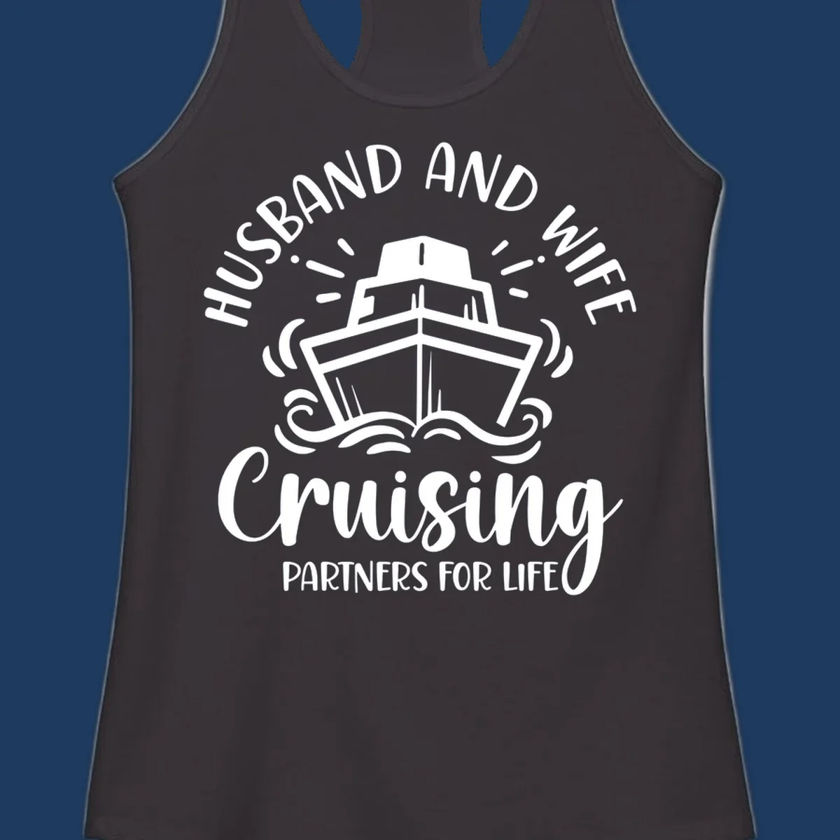 Husband and wife cruising partners for life design with cruise ship and ocean waves illustration
