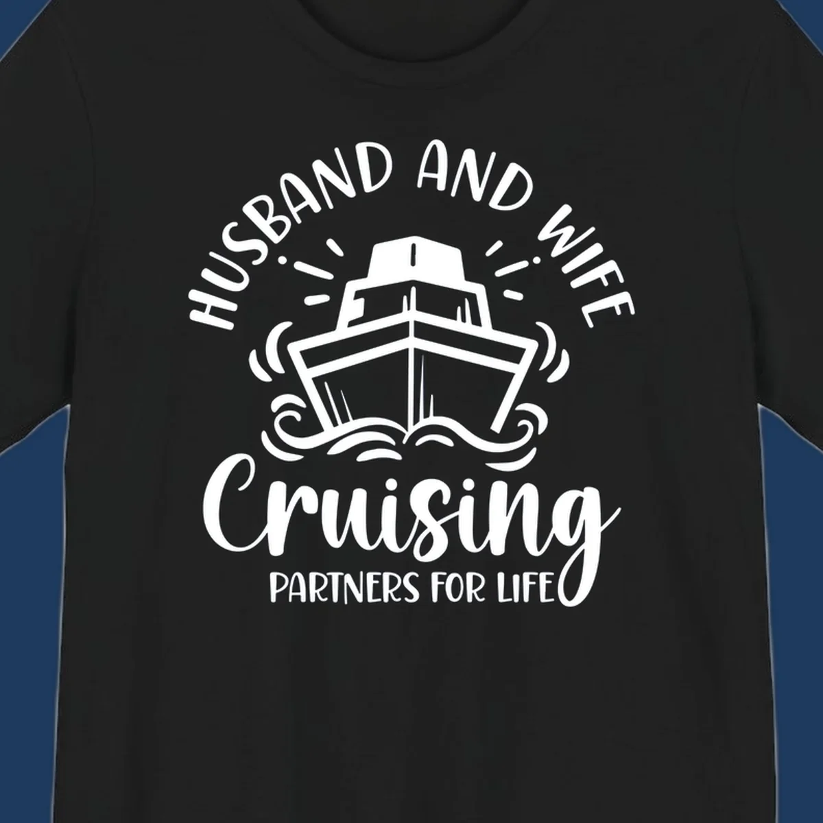 Husband and wife cruising partners for life design with cruise ship and ocean waves illustration