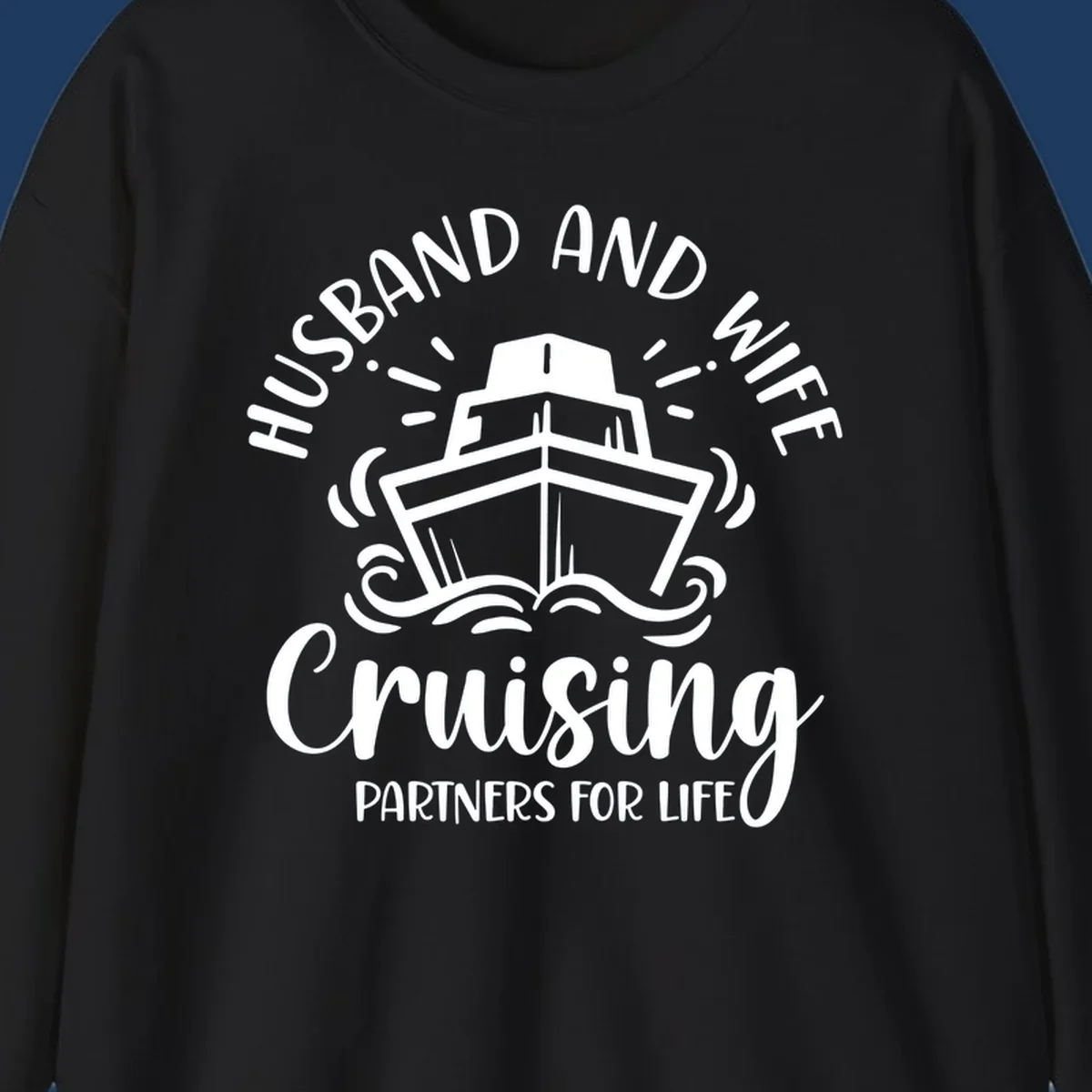 Husband and wife cruising partners for life design with cruise ship and ocean waves illustration