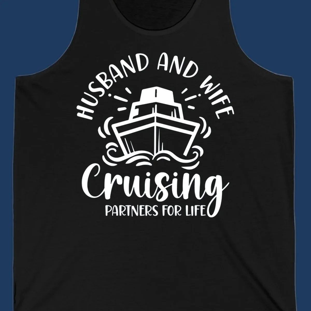 Husband and wife cruising partners for life design with cruise ship and ocean waves illustration