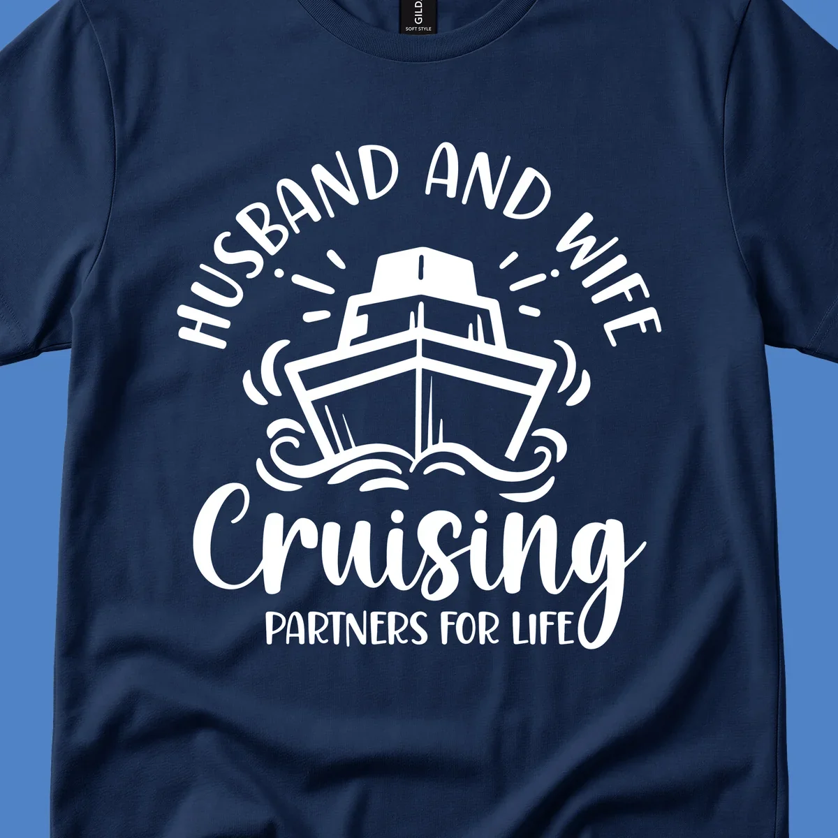 Husband and wife cruising partners for life design with cruise ship and ocean waves illustration