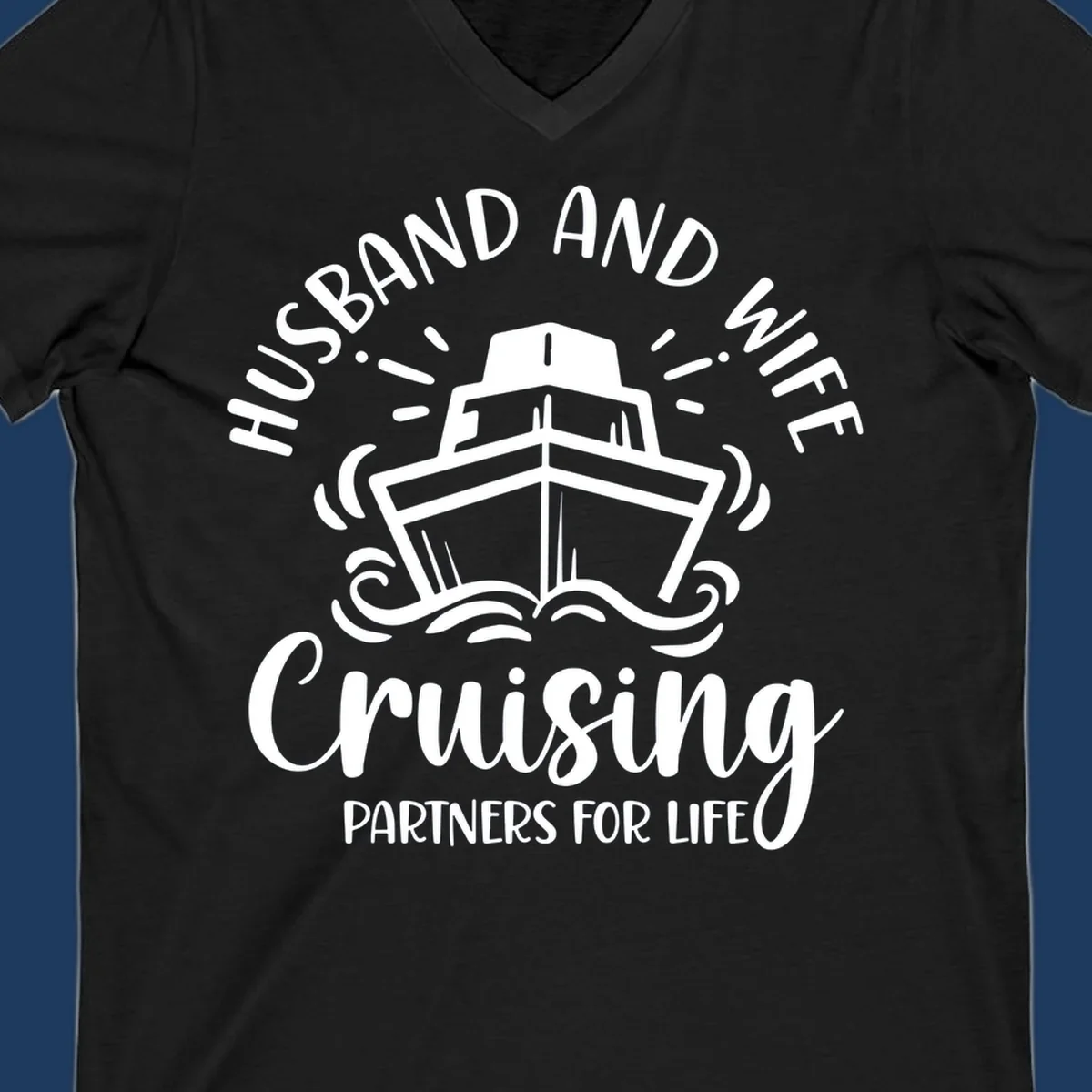 Husband and wife cruising partners for life design with cruise ship and ocean waves illustration