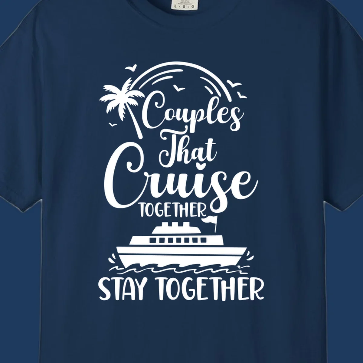 White illustration on gray background showing couples-cruise-together design with palm tree, cruise ship, waves, and seagulls