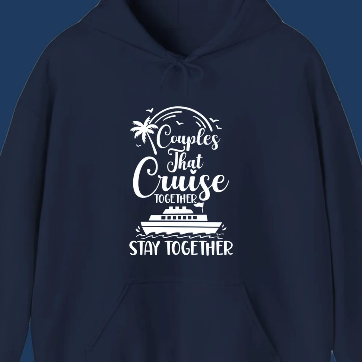 White illustration on gray background showing couples-cruise-together design with palm tree, cruise ship, waves, and seagulls