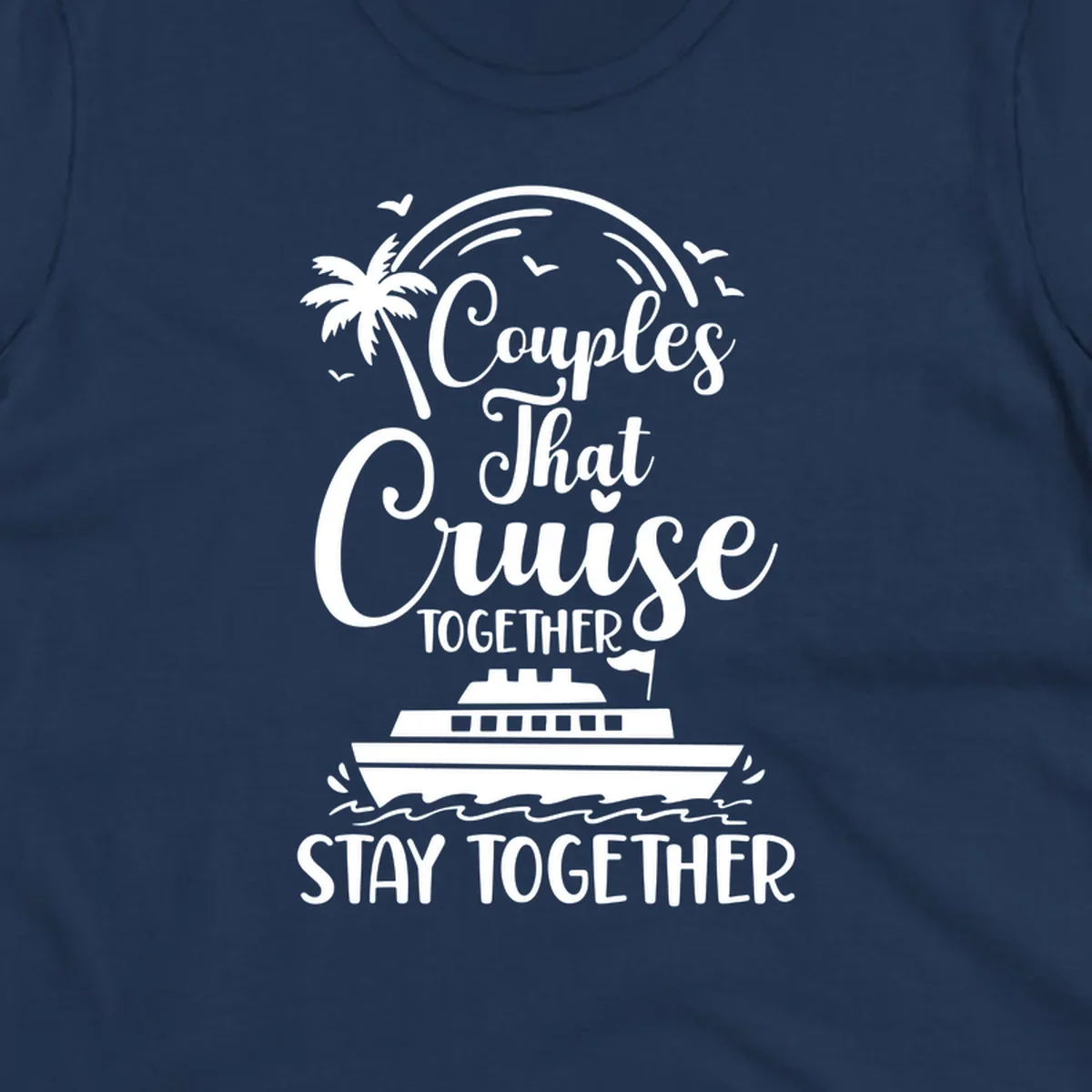 White illustration on gray background showing couples-cruise-together design with palm tree, cruise ship, waves, and seagulls