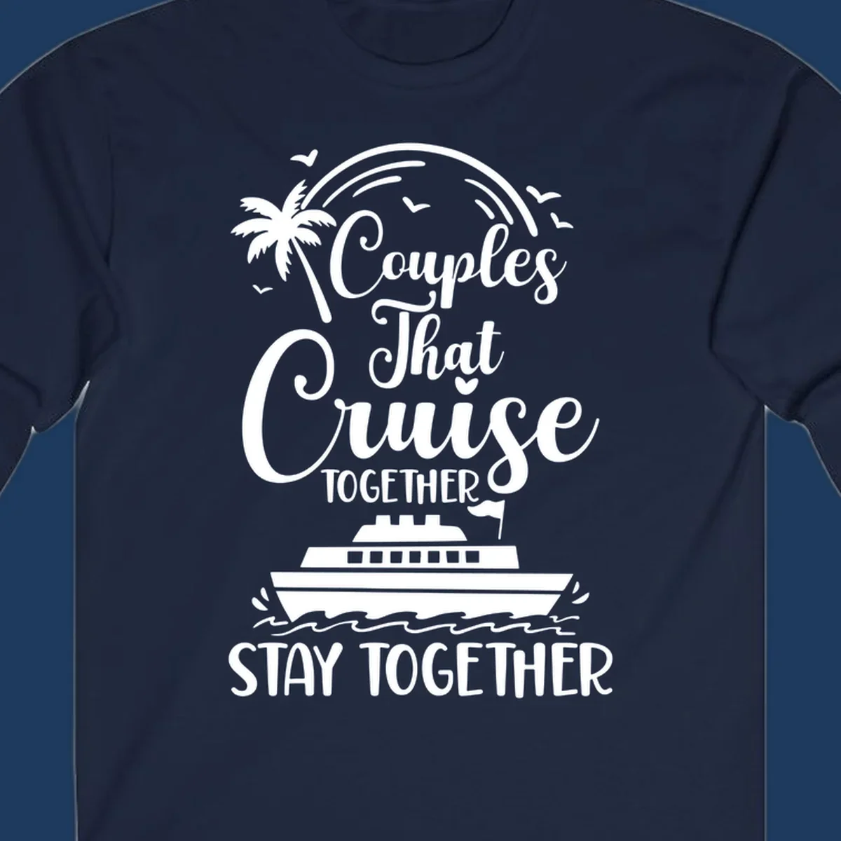 White illustration on gray background showing couples-cruise-together design with palm tree, cruise ship, waves, and seagulls