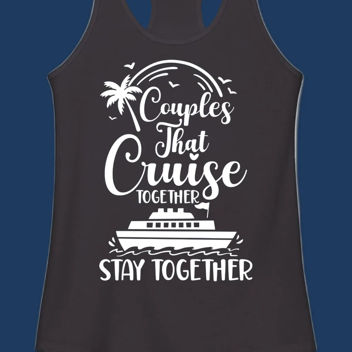 White illustration on gray background showing couples-cruise-together design with palm tree, cruise ship, waves, and seagulls