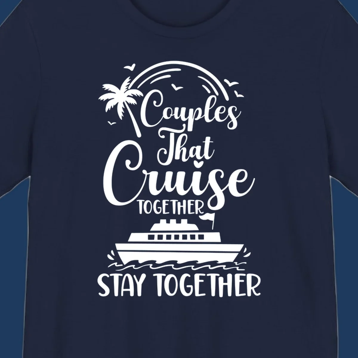 White illustration on gray background showing couples-cruise-together design with palm tree, cruise ship, waves, and seagulls
