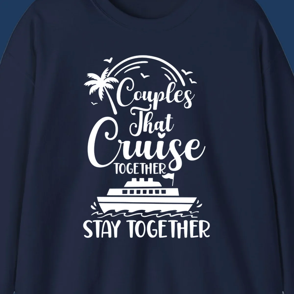 White illustration on gray background showing couples-cruise-together design with palm tree, cruise ship, waves, and seagulls