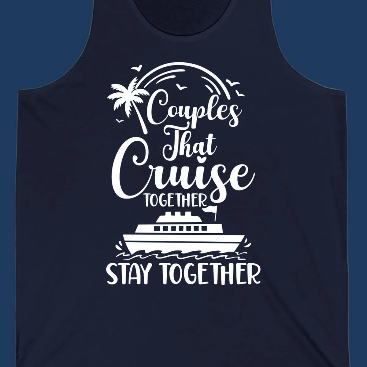 White illustration on gray background showing couples-cruise-together design with palm tree, cruise ship, waves, and seagulls