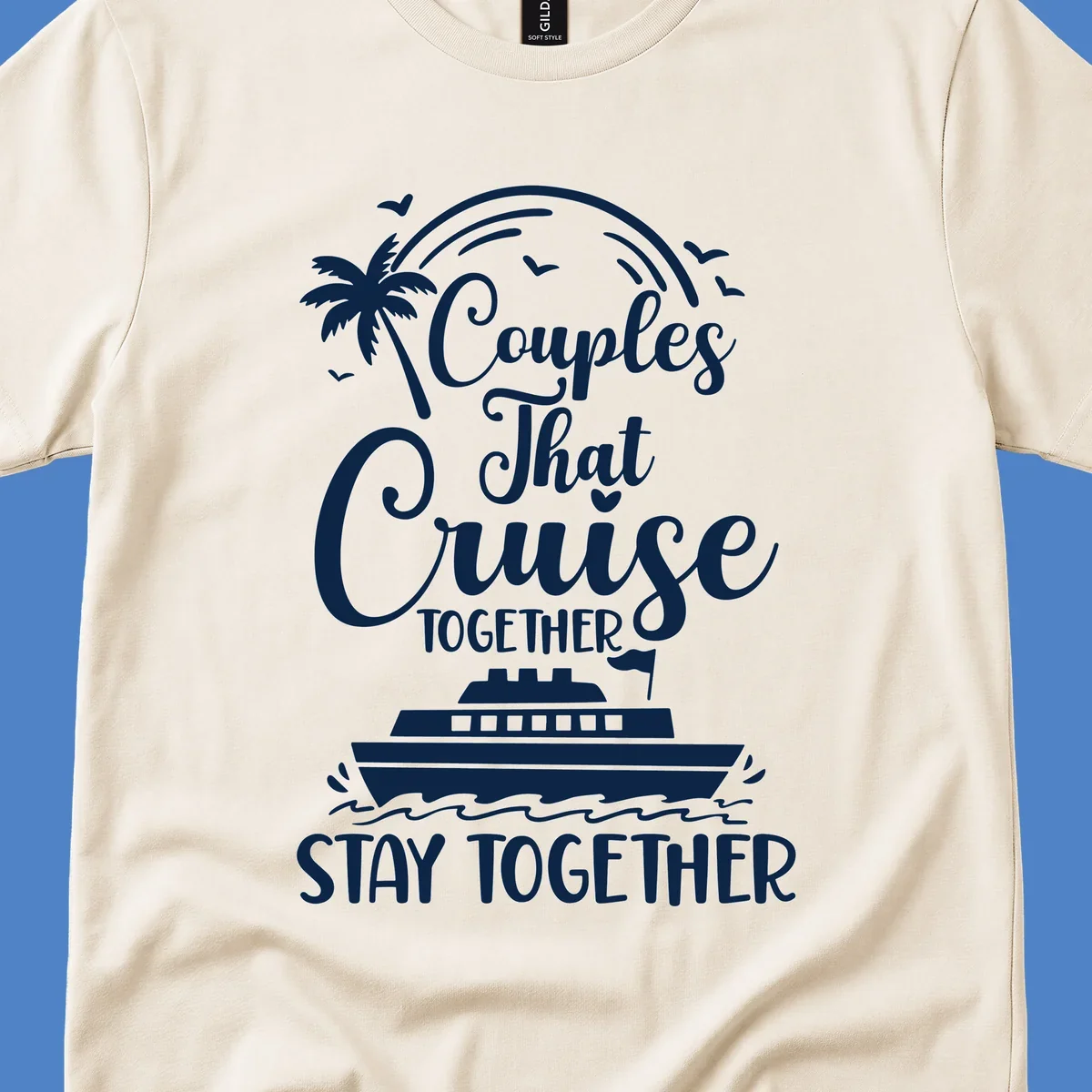 White illustration on gray background showing couples-cruise-together design with palm tree, cruise ship, waves, and seagulls