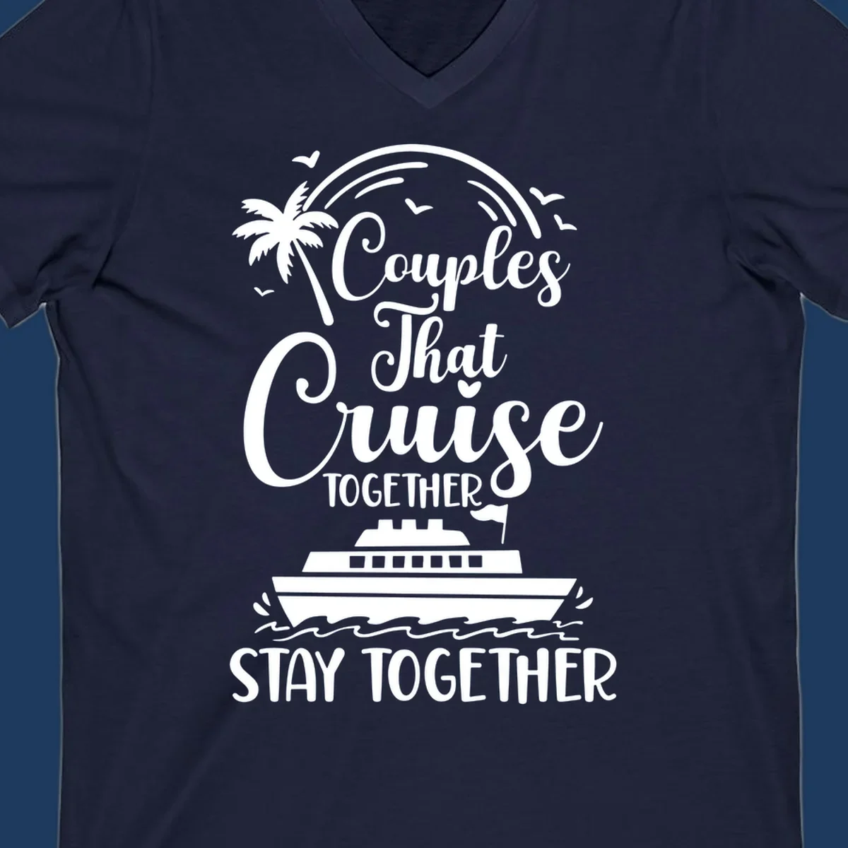 White illustration on gray background showing couples-cruise-together design with palm tree, cruise ship, waves, and seagulls