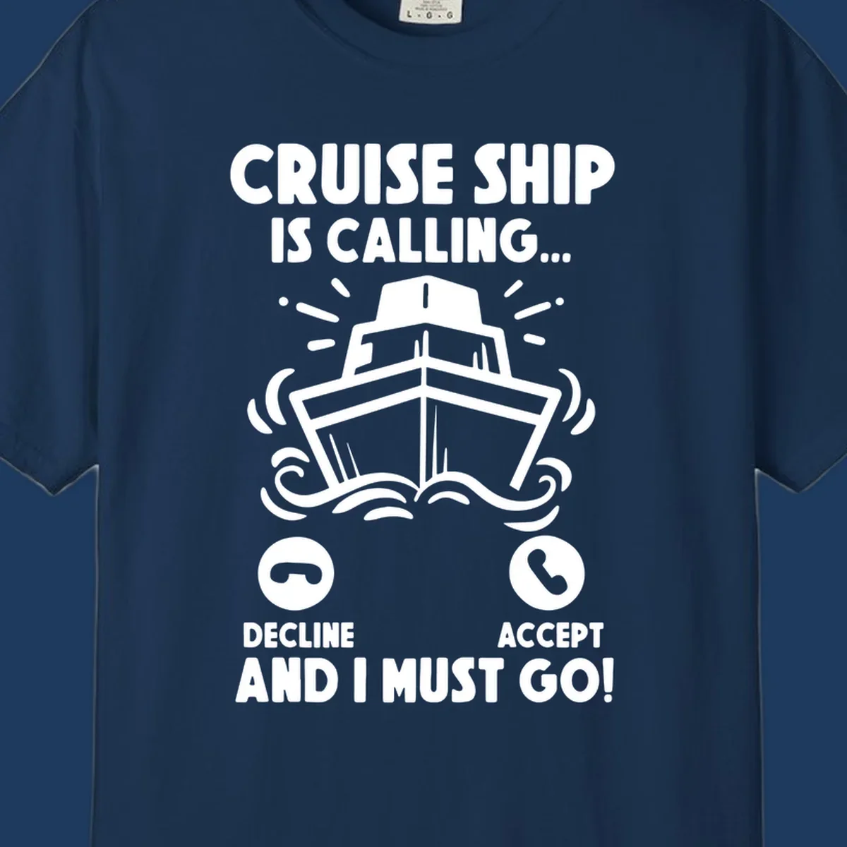 Illustration of a cruise ship with radiating lines and phone call interface showing decline and accept buttons, with text 'Cruise Ship Is Calling'