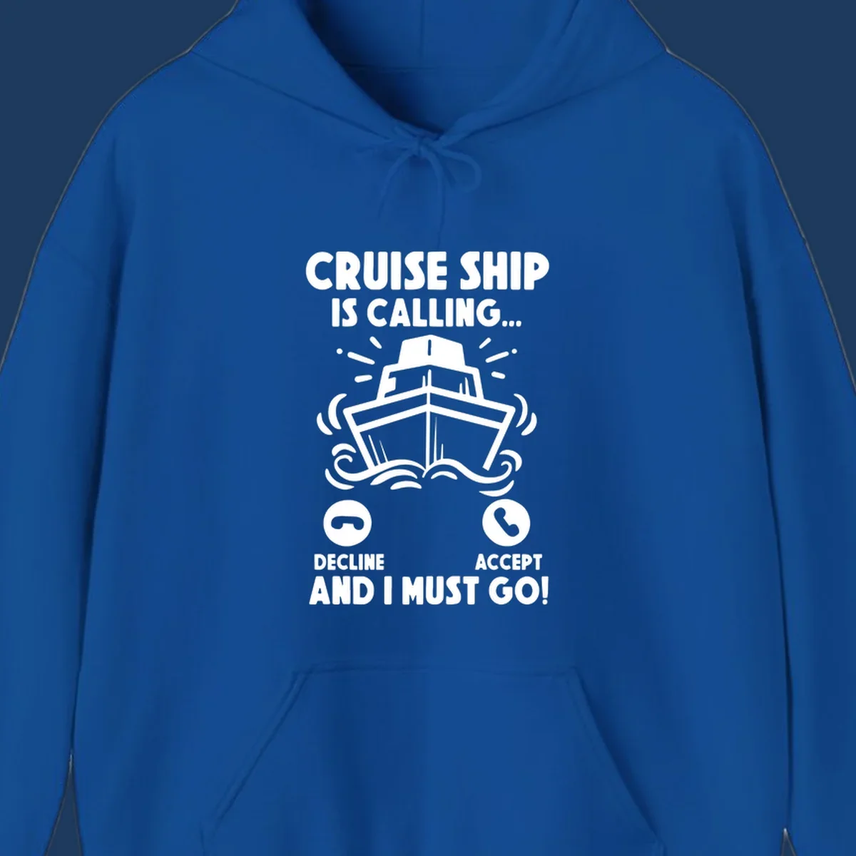 Illustration of a cruise ship with radiating lines and phone call interface showing decline and accept buttons, with text 'Cruise Ship Is Calling'