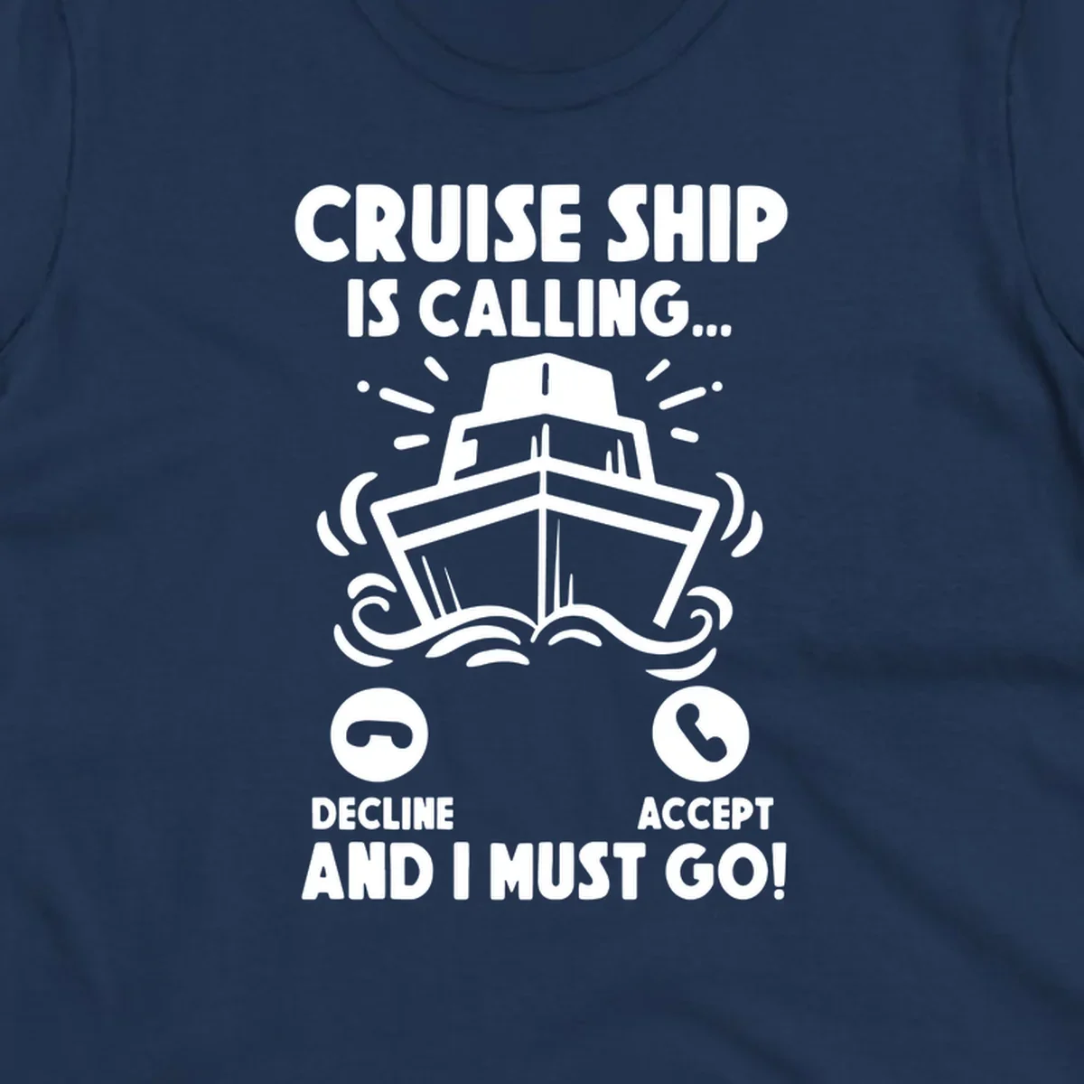 Illustration of a cruise ship with radiating lines and phone call interface showing decline and accept buttons, with text 'Cruise Ship Is Calling'