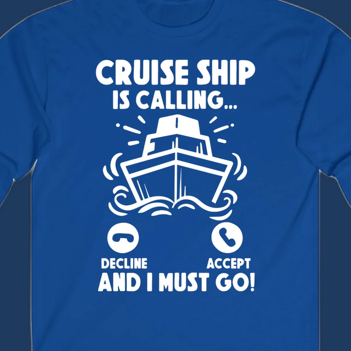 Illustration of a cruise ship with radiating lines and phone call interface showing decline and accept buttons, with text 'Cruise Ship Is Calling'