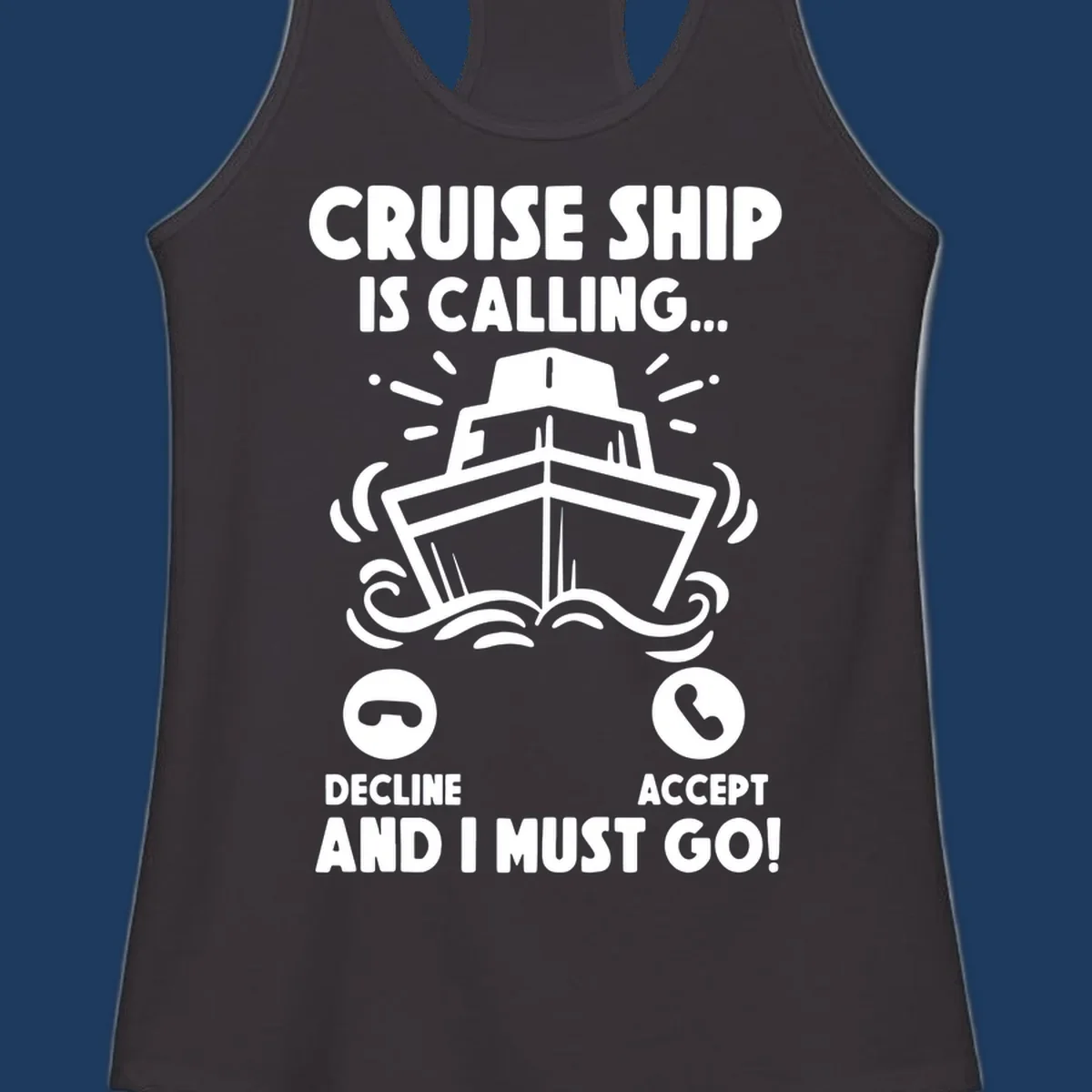 Illustration of a cruise ship with radiating lines and phone call interface showing decline and accept buttons, with text 'Cruise Ship Is Calling'