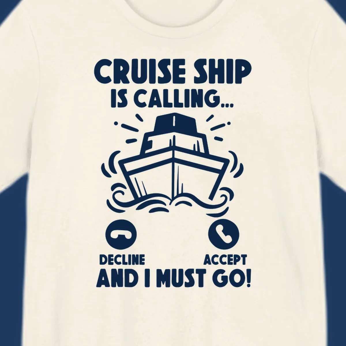 Illustration of a cruise ship with radiating lines and phone call interface showing decline and accept buttons, with text 'Cruise Ship Is Calling'