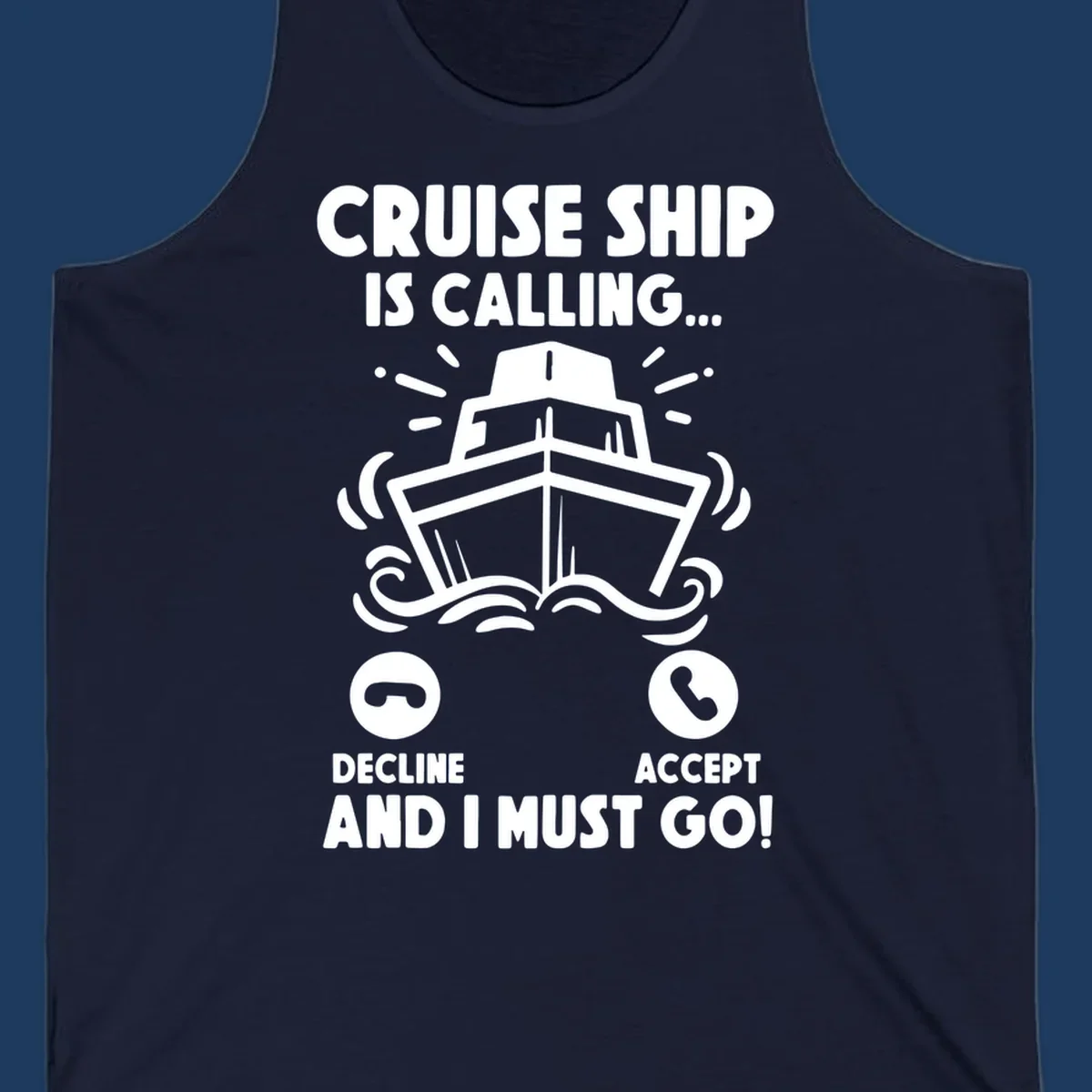 Illustration of a cruise ship with radiating lines and phone call interface showing decline and accept buttons, with text 'Cruise Ship Is Calling'